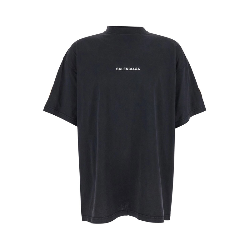 Black Crewneck T-Shirt with Logo Lettering on the Front and Logo Patch on the Sleeve in Cotton Man