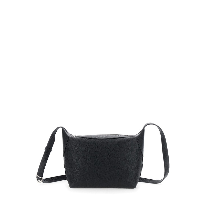 Black Crossbody Bag with Adjustable Shoulder Strap and Top Zip Closure in Grained Leather  Man