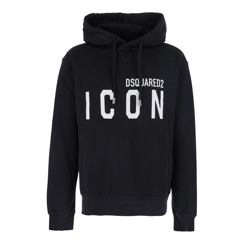 Black Hoodie with Logo Print on the Front in Cotton Man