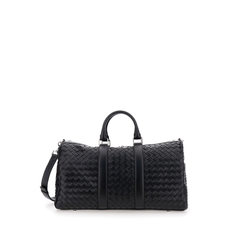 Black Travel Bag with Intrecciato Motif and Shoulder Strap in Leather Man