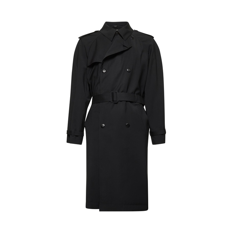 Black wool double-breasted trench coat
