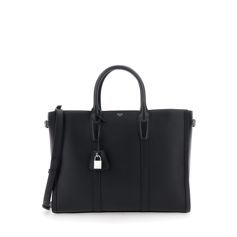 ‘Cabas’ Black Medium Handbag with Padlock Detail on the Front and Adjustable and Removable Shoulder Strap in Grained Leather Man