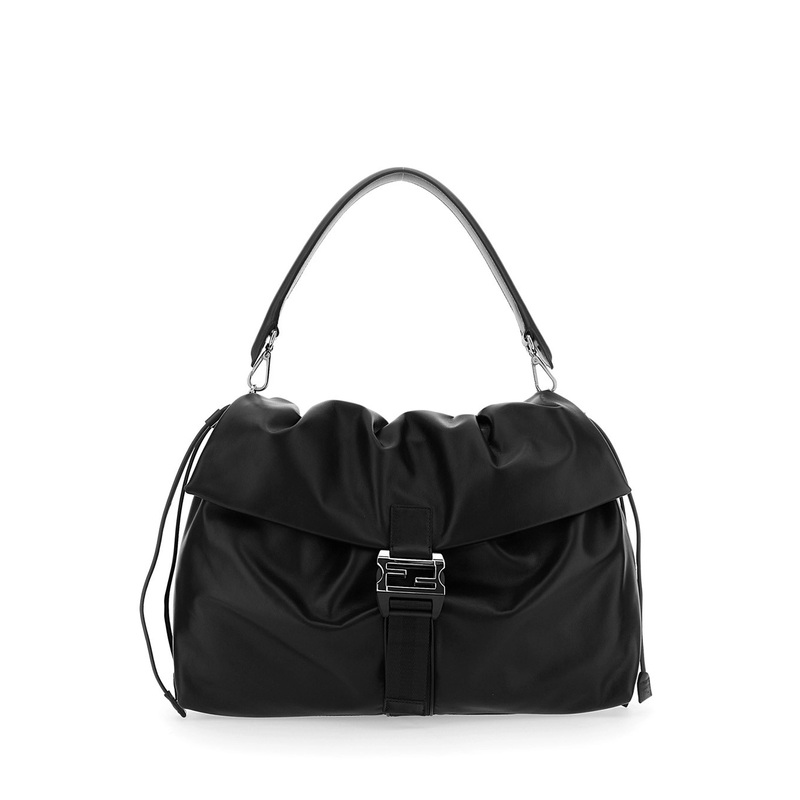 ‘Mama Baguette Large’ Black Shoulder Bag with FF Closure on the Front in Leather Woman