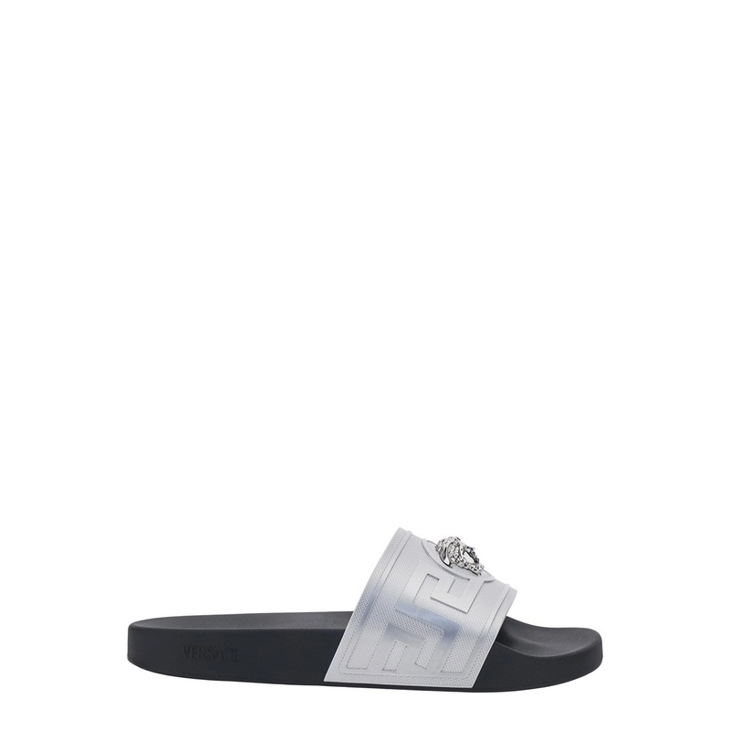 Metallic Sandals with Open Round Toe and Medusa Detail on the Front in Tech Fabric Man
