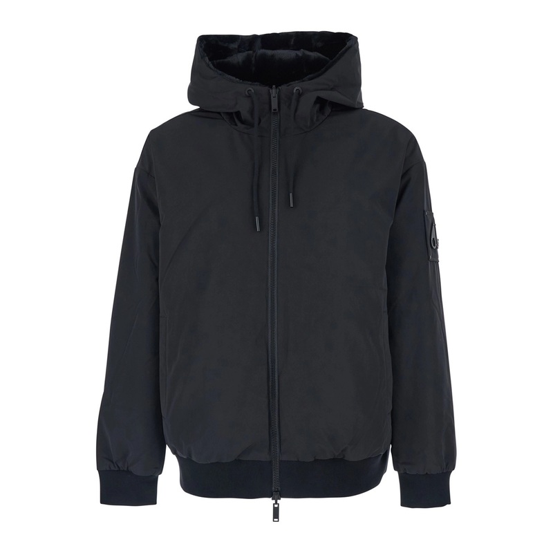 ‘Roland’ Black Reversible Sweatshirt with Drawstring Hood and Logo Plaque on the Sleeve in Tech Fabric and Ecofur Man