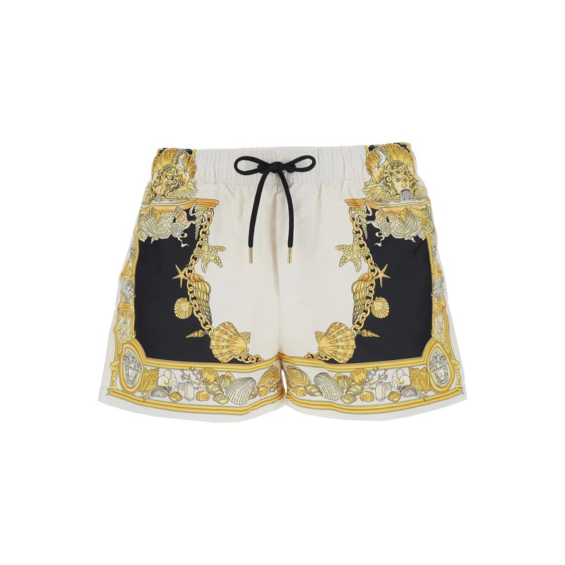 White Swim Shorts with Elastic Drawstring Waist and Coral Theatre Print in Tech Fabric Man