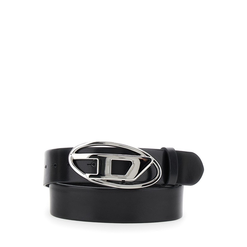 ‘1DR’ Black Belt with Logo Buckle in Leather Woman