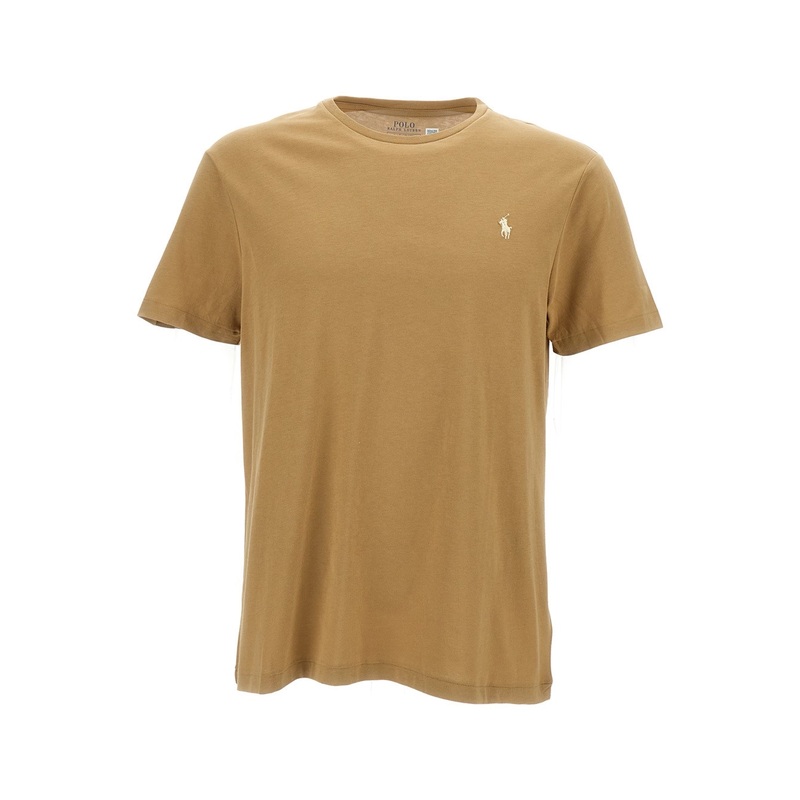 Beige Crewneck T-Shirt with Pony Embroidery on the Front in Cotton Jersey Man