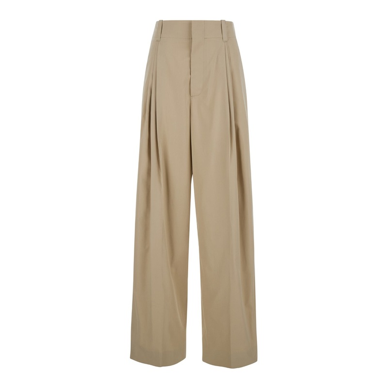 Beige High-Waisted Pants with Pinces in Cotton Woman