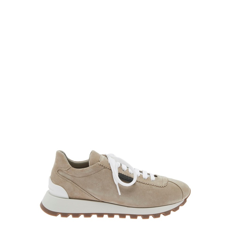 Beige Low Top Sneakers with Monil Detail on the Side and Embossed Logo Lettering on the Rear in Leather Woman
