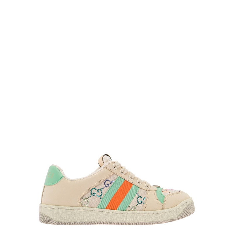 Beige Low-Top Sneakers with Web and Multicolour GG Crystals in Wool Blend Woman