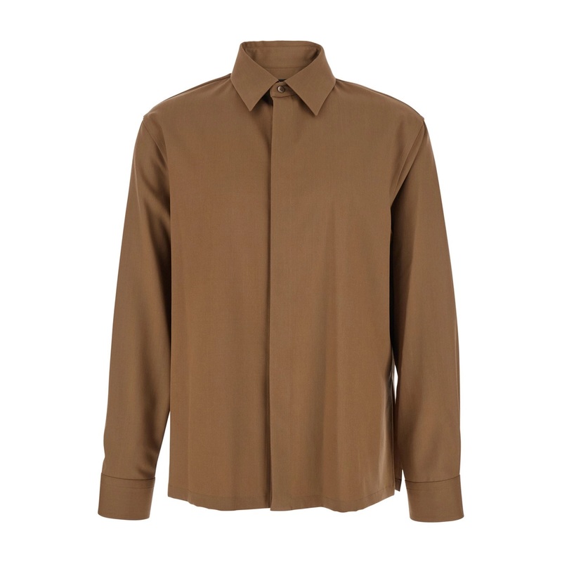 Beige Shirt with Classic Collar and Dropped Shoulders in Wool Man