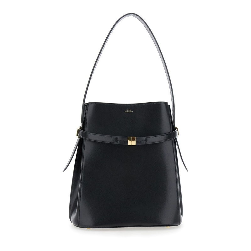Black Handbag with Logo Lettering on the Front and Belt in Leather Woman