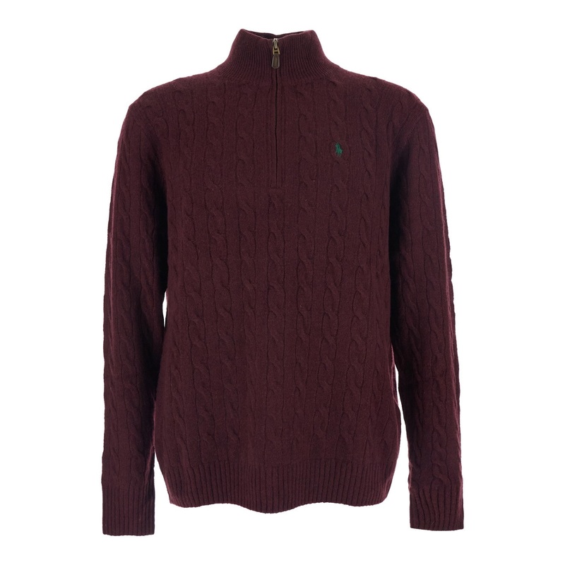 Bordeaux Cable Knit Sweater with Half Zip Closure and Pony Embroidery on the Front in Wool and Cashmere Man