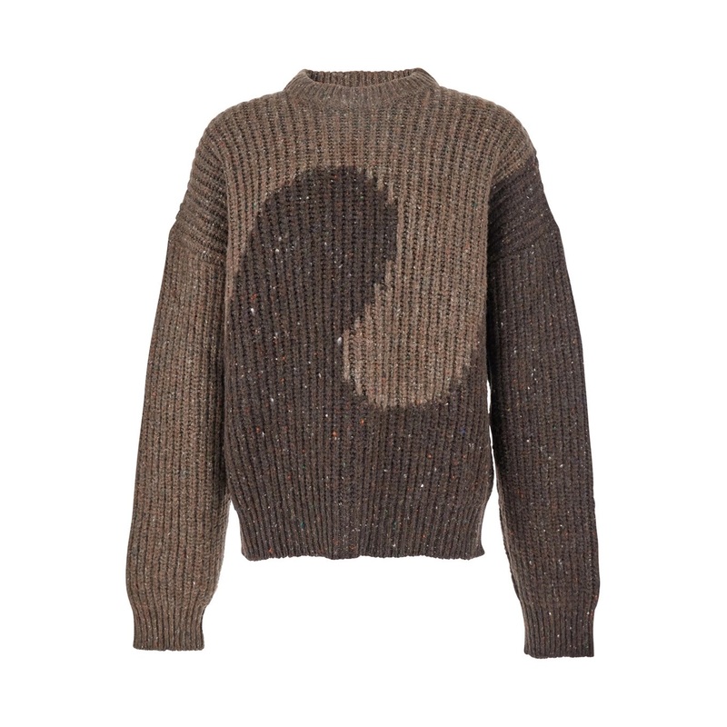 Brown Knit Crewneck Sweater with Bicolor Motif in Wool Blend Man