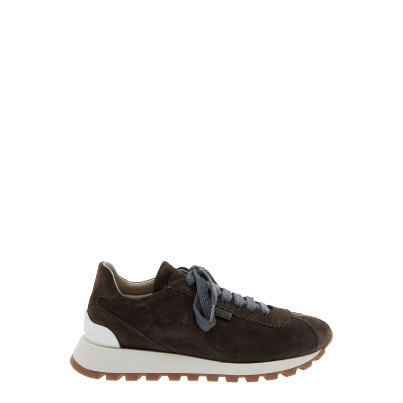 Brown Low Top Sneakers with Monil Detail on the Side and Embossed Logo Lettering on the Rear in Leather Woman