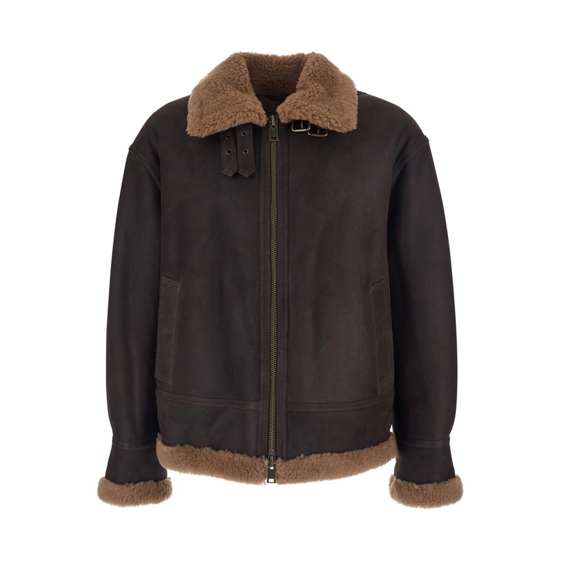 Brown Shearling Jacket with Zip Closure in Leather Man