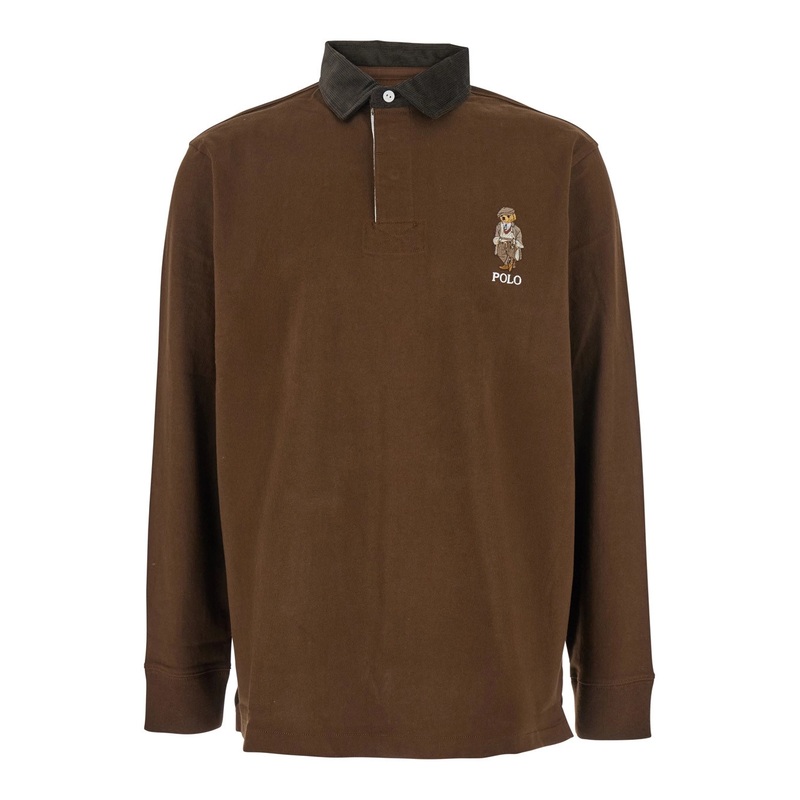 Classic Fit Brown Polo Shirt with Corduroy Collar and Logo Embroidery on the Front in Cotton Man