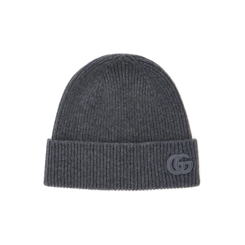 Grey Beanie with Logo Patch on the Front in Wool Man