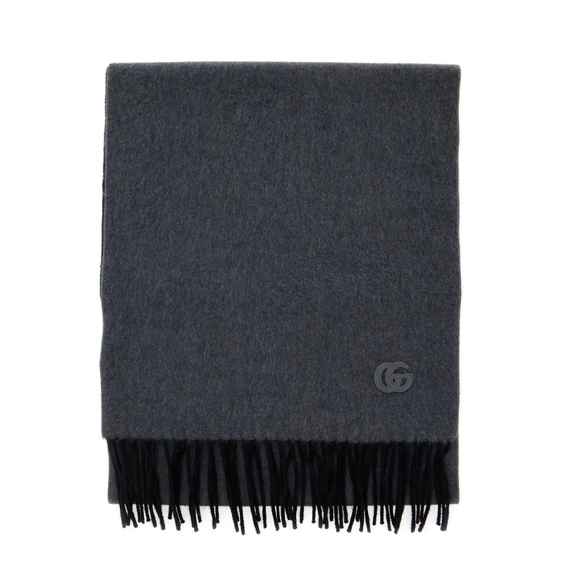 Grey Scarf with GG Patch on the Front and Fringed Hem in Cashmere Man