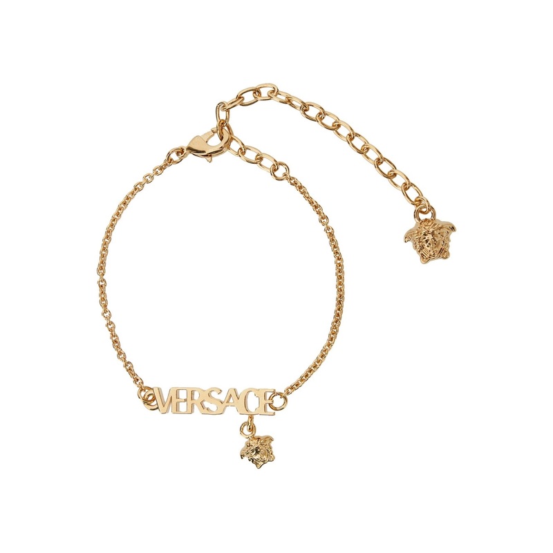 Metallic Bracelet with Medusa Charm and Logo Lettering Plaque in Metal Man