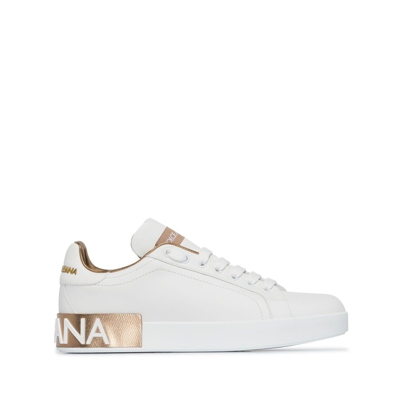 ‘Portofino’ White and Gold Low Top Sneakers with Logo in Leather Woman