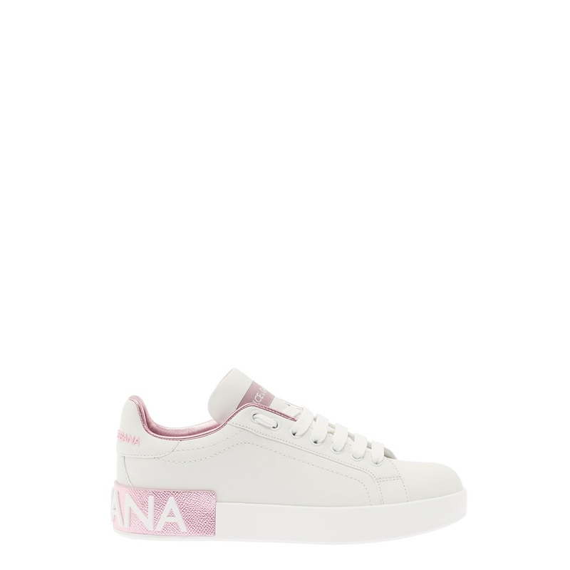 ‘Portofino’ White and Pink Low Top Sneakers with Logo in Leather Woman