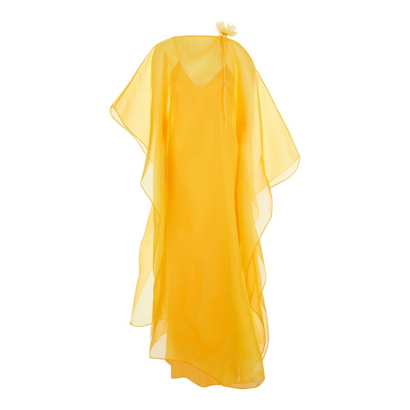 ‘Sza’ Yellow Caftan with Semi-Transparent Design and Flower Detail in Silk Woman