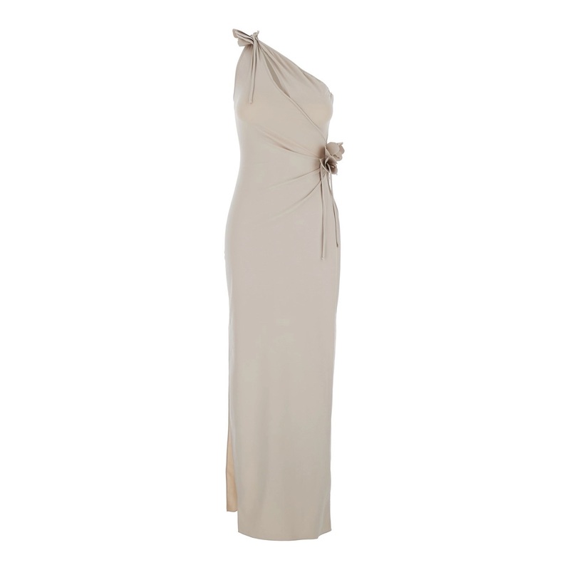 Beige Asymmetric One-Shoulder Dress with Flower Detail and Single Side Slit in Tech Fabric Woman