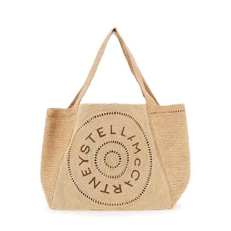 Beige Tote Bag with Two Top Handles and Logo Embroidery on the Front in Raffia Woman