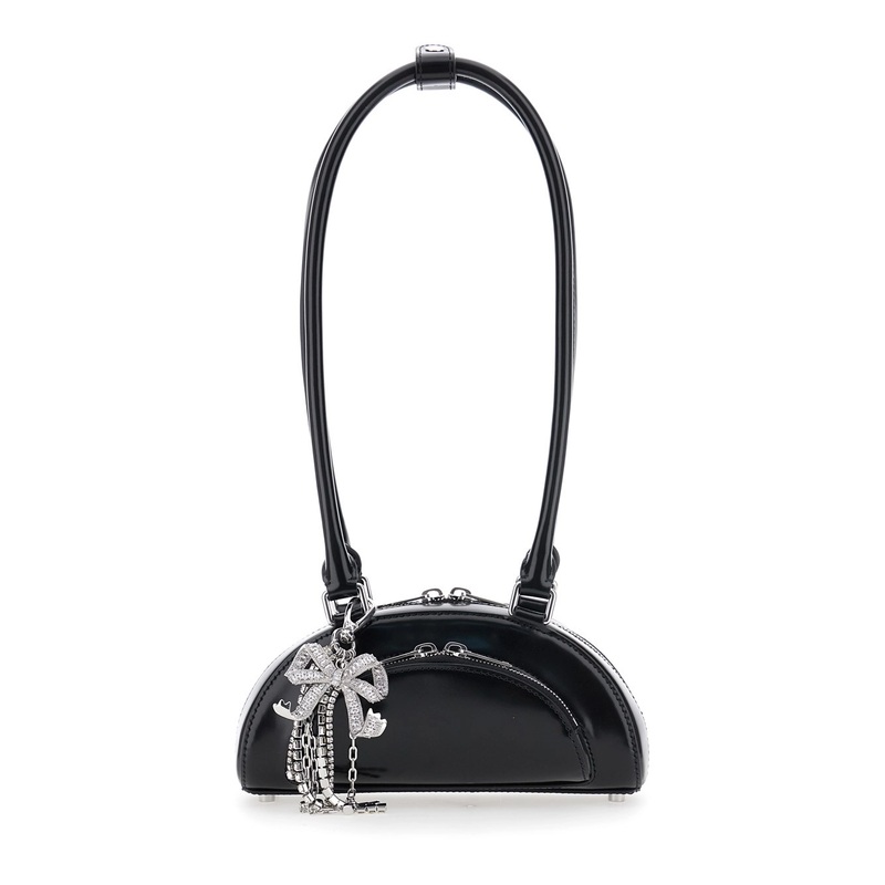 Black Shoulder Bag with Two Top Handles and Charm Detail on the Front in Patent Leather Woman