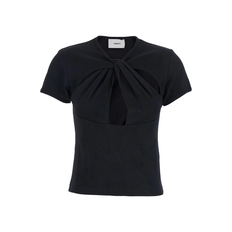 Black Top with V Neck and Cut-Out on the Front in Cotton Woman