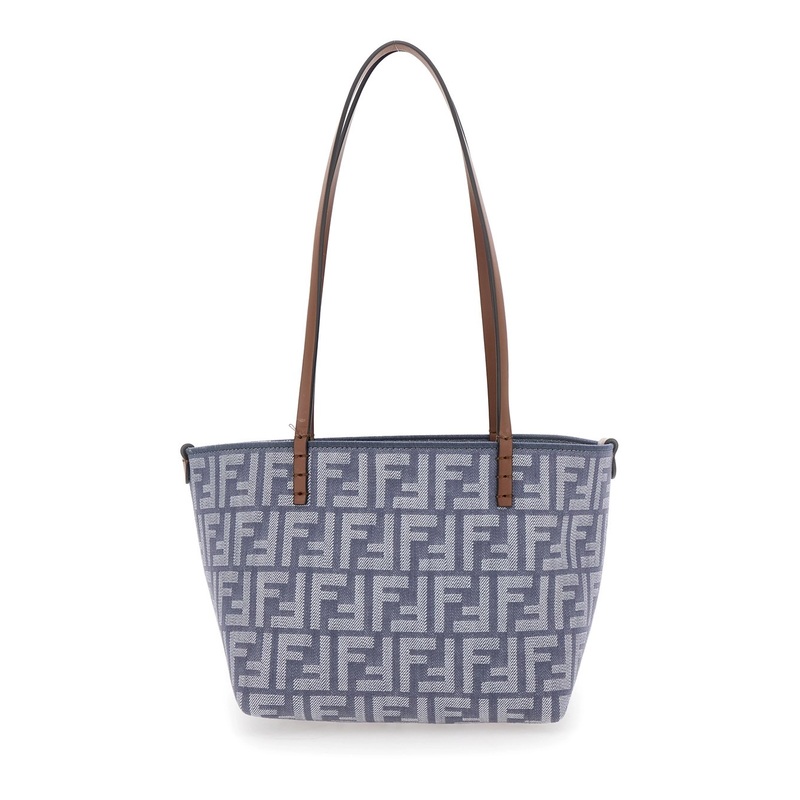 Blue Reversible Tote Bag with Two Top Leather Handles and All-Over FF Motif in Cotton Woman