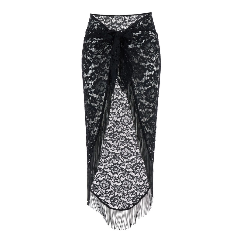 ‘Bohemia’ Black Skirt with Fringed Hem and All-Over Lace Embroidery in Tech Fabric Stretch Woman