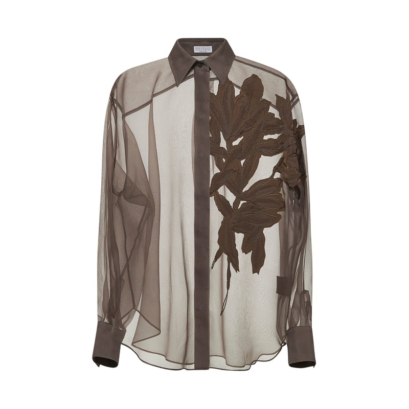Brown Crispy silk Flora Appliqu shirt