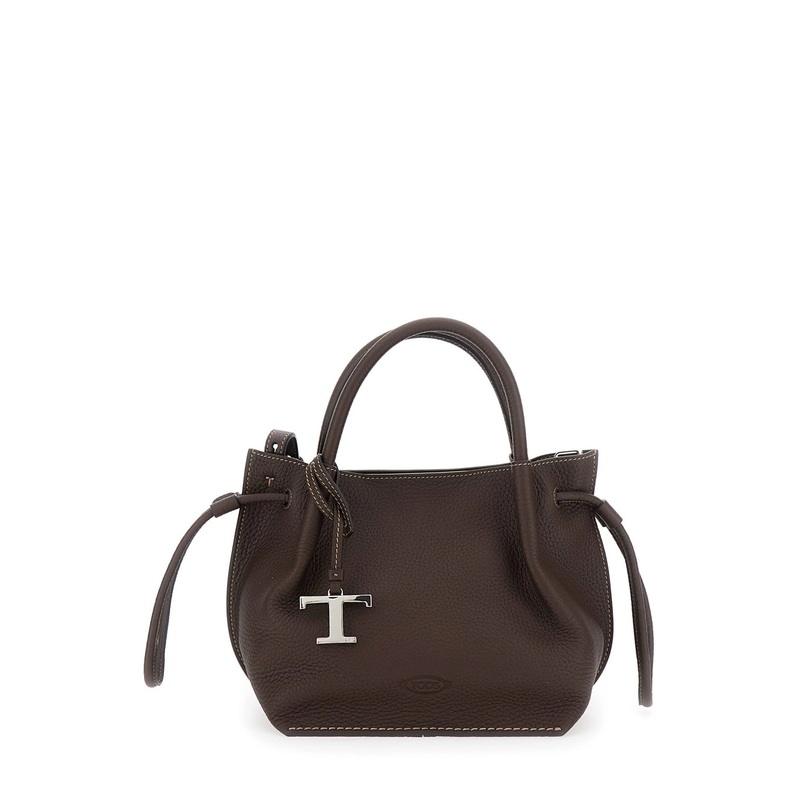 Brown Handbag with Drawstring Closure and Adjustable Closure in Grained Leather Woman