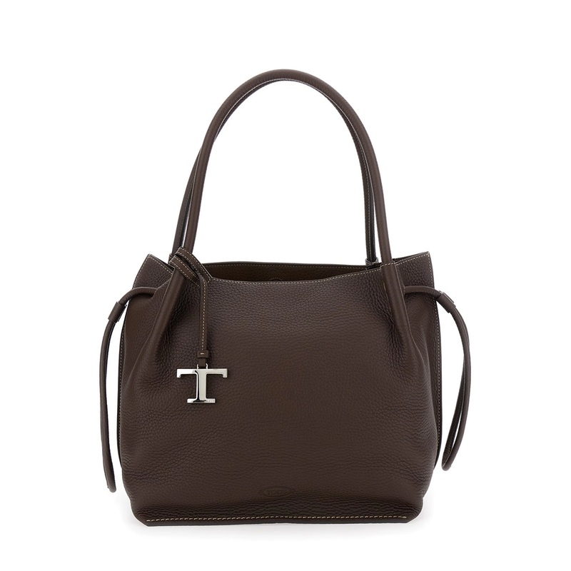 Brown Shoulder Bag with Two Top Handles and Drawstring Closure in Grained Leather Woman