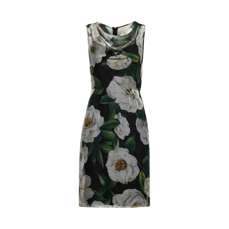 Gardenia print silk chiffon sheath dress