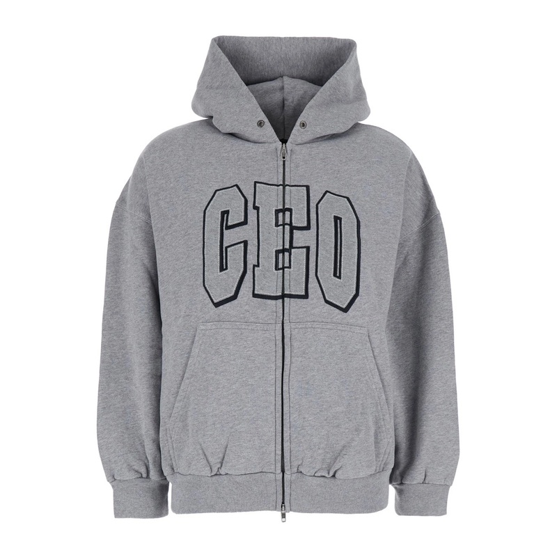 Grey Sweatshirt with Drawstring Hood and Print on the Front in Cotton Woman