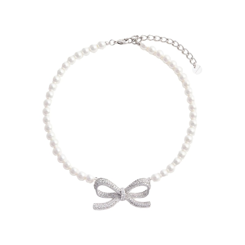 Metallic Faux-Pearls Necklace with Crystal Embellishments and Bow Charm in Brass Woman