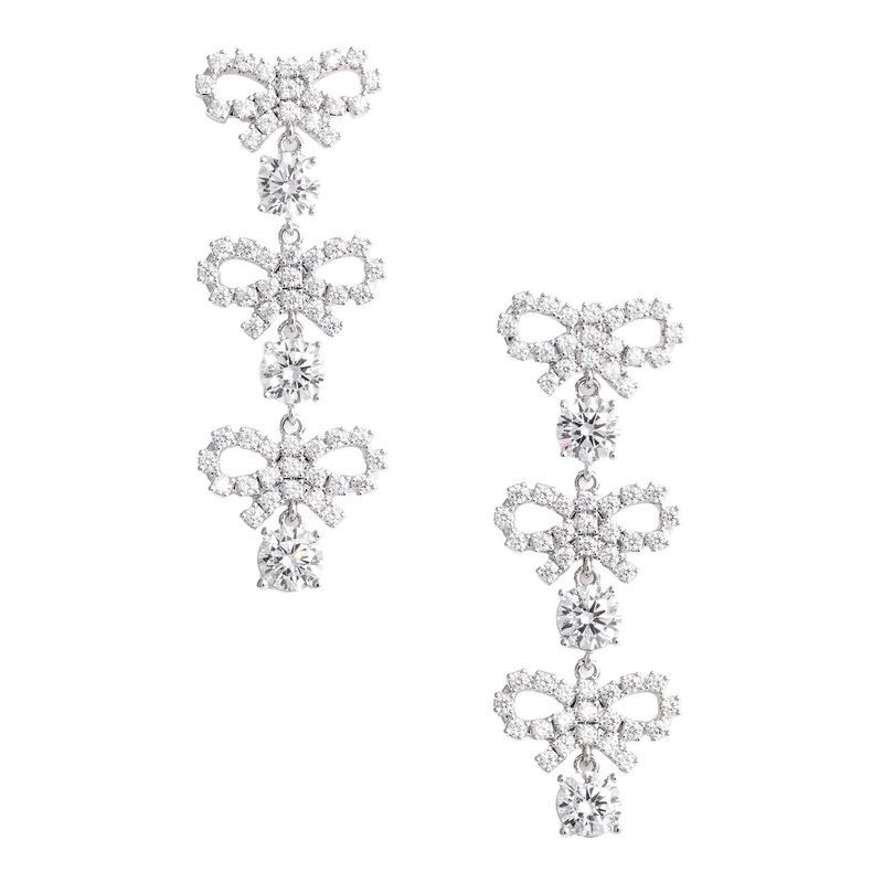 Metallic Tiered Earing with Bow Charm and Crystal Embellishments in Brass Woman