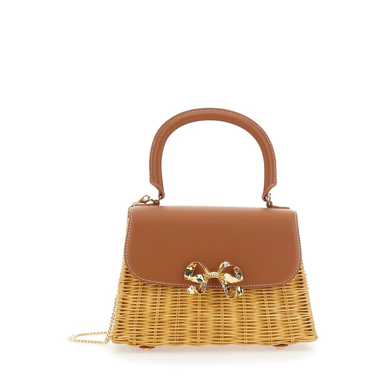 ‘Rattan Mini Bow’ Brown Handbag with Chain-Link Shoulder Strap and Bow Detail in Raffia and Leather Woman