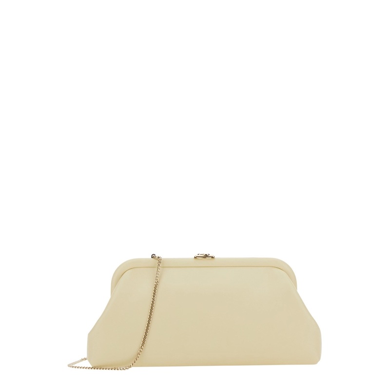 ‘Skylar’ White Clutch with Chain-Link Shoulder Strap and Kiss-Lock Closure with Logo Plaque in Leather Woman