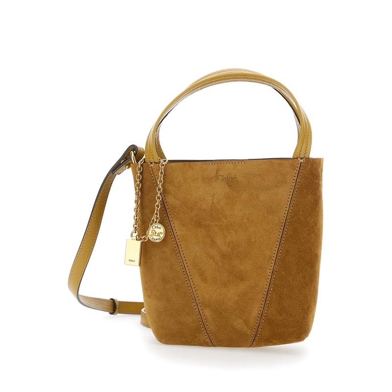 ‘Spin’ Beige Shoulder Bag with Adjustable and Removable Shoulder Strap and Logo Charm on the Front in Suede Woman