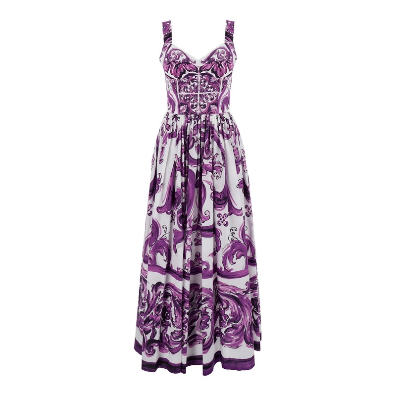 Violet Long Dress with Sweetheart Neckline and All-Over Geometric Print in Cotton Woman
