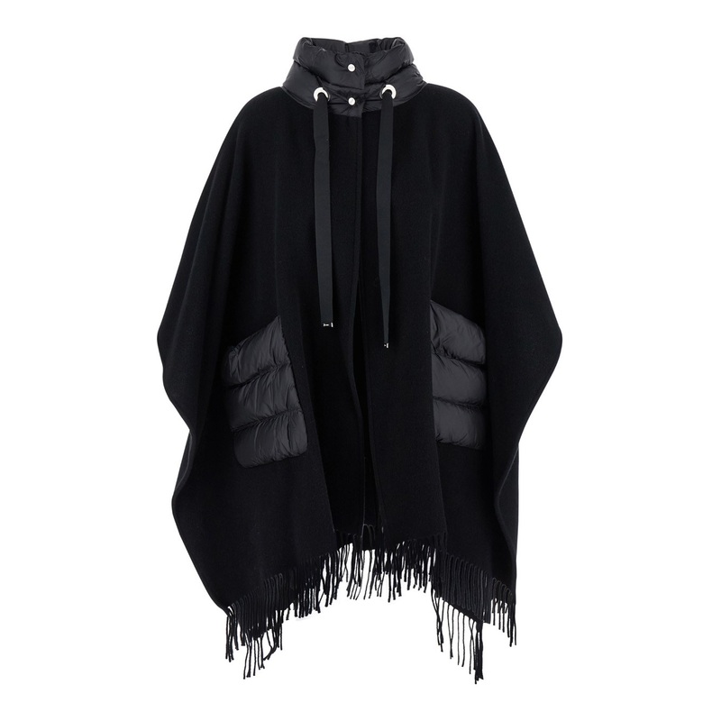 ‘Warmy’ Black High Neck Poncho with Patch Pockets in Wool and Nylon Woman