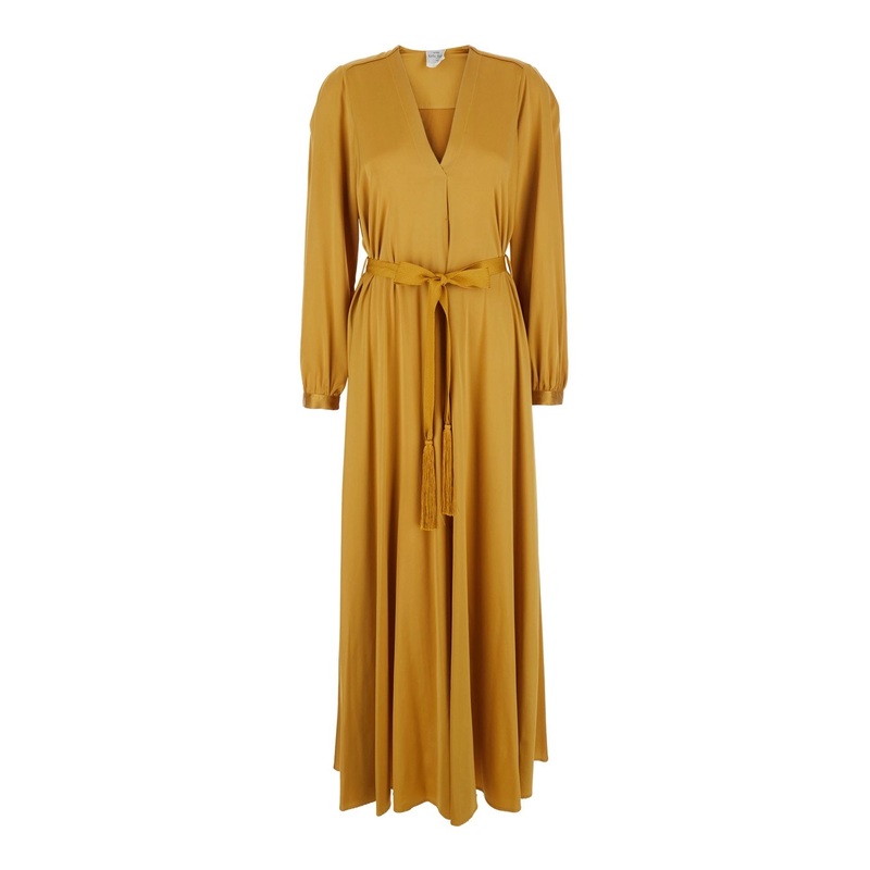 Yellow Dress with V Neck and Tassel Details in Silk Woman
