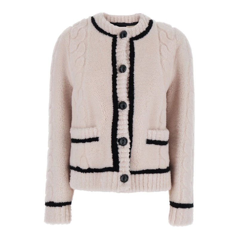 Black and White Crewneck Cardigan with Button Closure and Front Pockets in Fur Woman