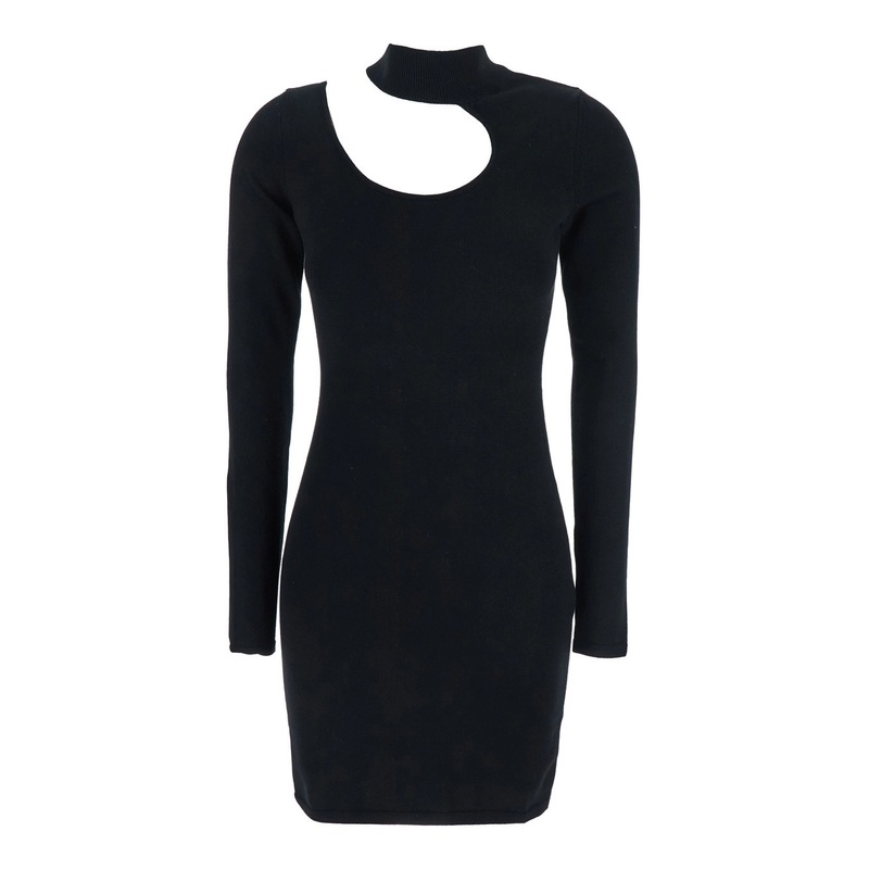 Black Dress with High Neck and Cut-Out Detail in Fabric Woman