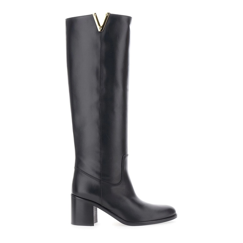 Black Knee-High Boots with Cut-Out on the Side and Logo Plaque in Leather Woman